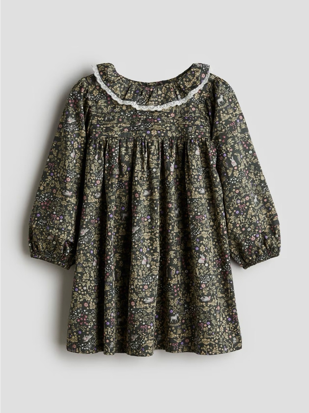 H&M Dark Green Floral Long-Sleeve Dress with Lace Collar-lil sis match in closet